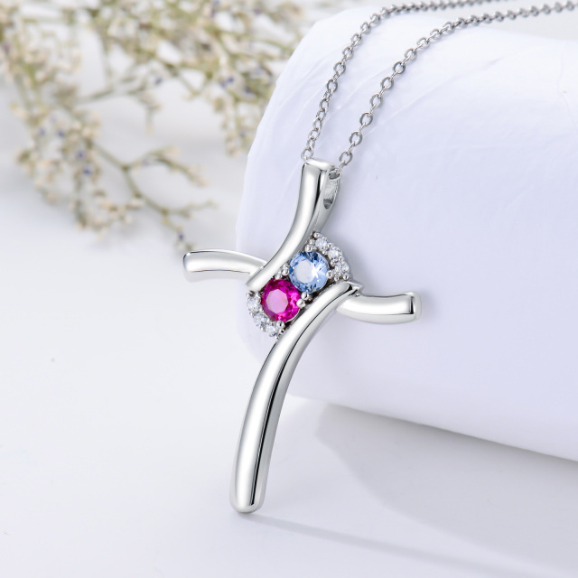 Sterling Silver Circular Shaped Cubic Zirconia Personalized Birthstone & Cross Pendant Necklace-3