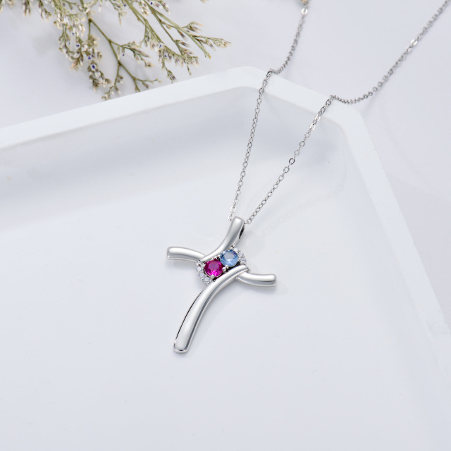 Sterling Silver Circular Shaped Cubic Zirconia Personalized Birthstone & Cross Pendant Necklace-4