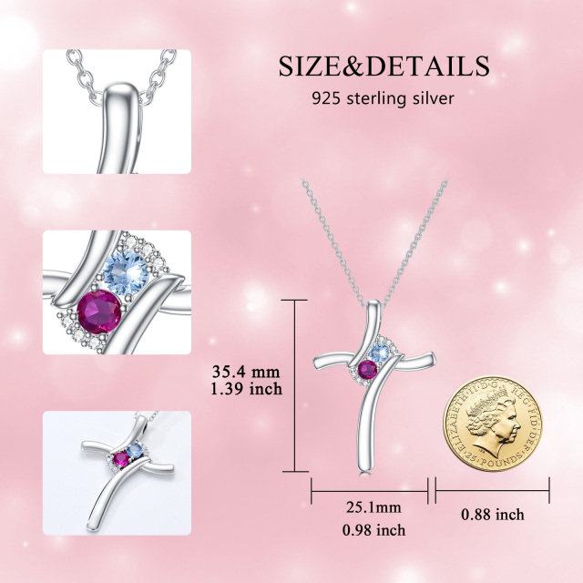 Sterling zilveren cirkelvormige zirkonia gepersonaliseerde geboortesteen kruis hanger ketting-5