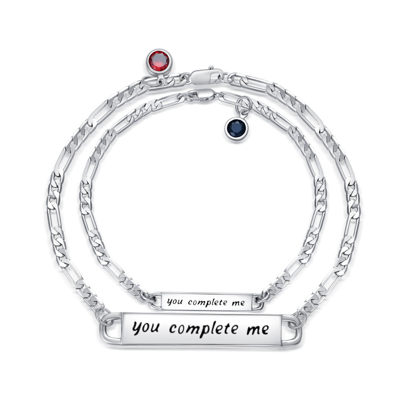 Pedra de aniversário personalizada circular de prata esterlina com zircônia cúbica personalizada com gravura personalizada pulseira de identificação de casal para mulheres