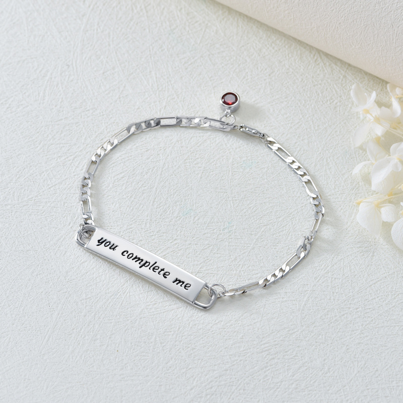 Sterling Silver Circular Cubic Zirconia Personalized Birthstone With Personalized Engraving Couple Identification Bracelet For Women-3