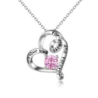 Sterling Silver Circular Shaped Cubic Zirconia Personalized Birthstone & Heart Pendant Necklace with Engraved Word-5