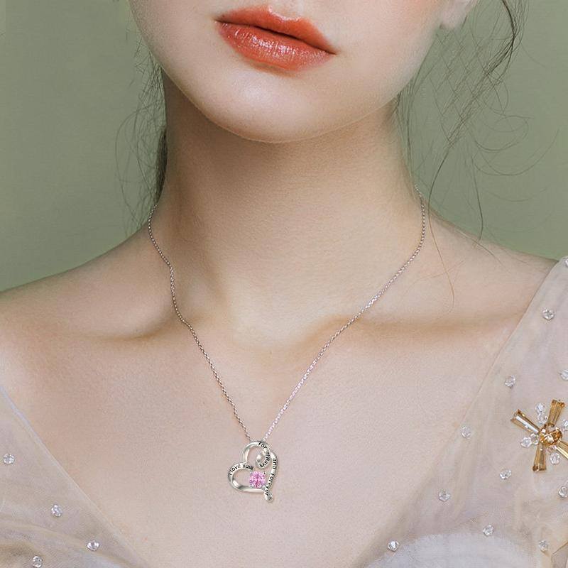 Sterling Silver Circular Shaped Cubic Zirconia Personalized Birthstone & Heart Pendant Necklace with Engraved Word-2