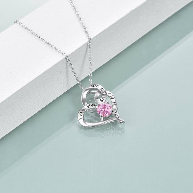 Sterling Silver Circular Shaped Cubic Zirconia Personalized Birthstone & Heart Pendant Necklace with Engraved Word-3