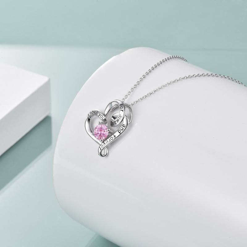 Sterling Silver Circular Shaped Cubic Zirconia Personalized Birthstone & Heart Pendant Necklace with Engraved Word-4