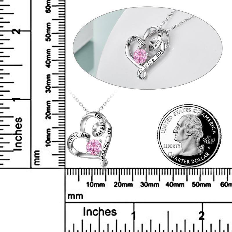 Sterling Silver Circular Shaped Cubic Zirconia Personalized Birthstone & Heart Pendant Necklace with Engraved Word-5