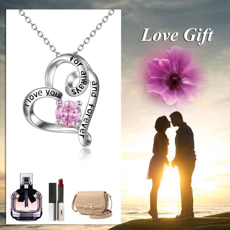 Sterling Silver Circular Shaped Cubic Zirconia Personalized Birthstone & Heart Pendant Necklace with Engraved Word-6