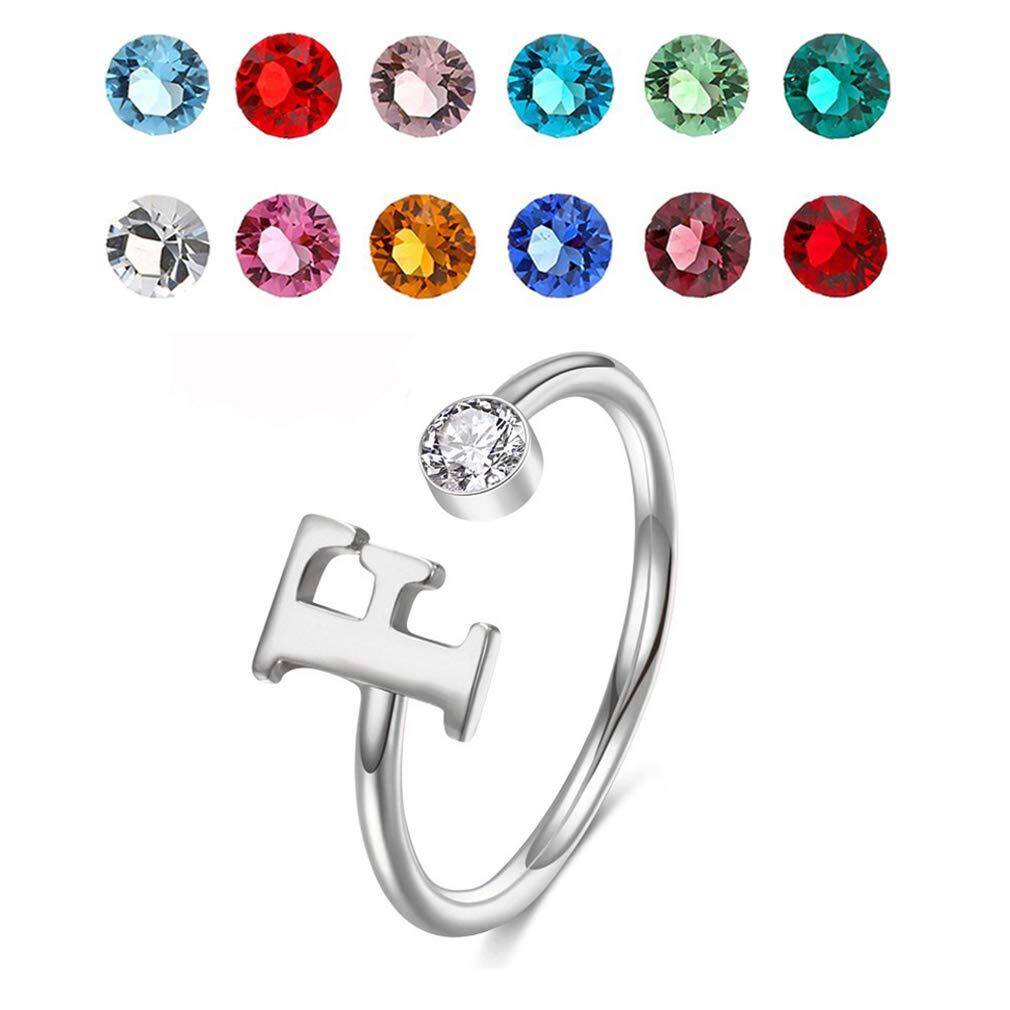 Sterling Silver Circular Shaped Cubic Zirconia Personalized Birthstone & Personalized Initial Letter Open Ring-1