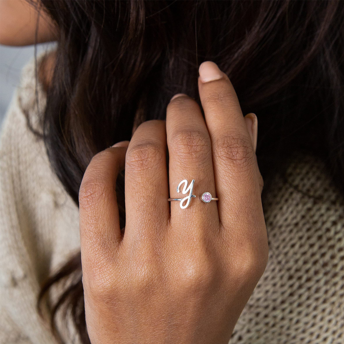 Bague ouverte en argent sterling avec zircon cubique et pierre de naissance personnalisée-3