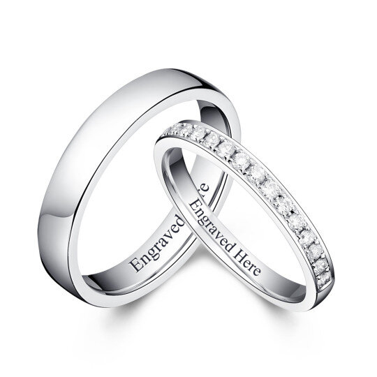 Sterling Silver Circular Shaped Cubic Zirconia Personalized Engraving & Couple Engagement Ring