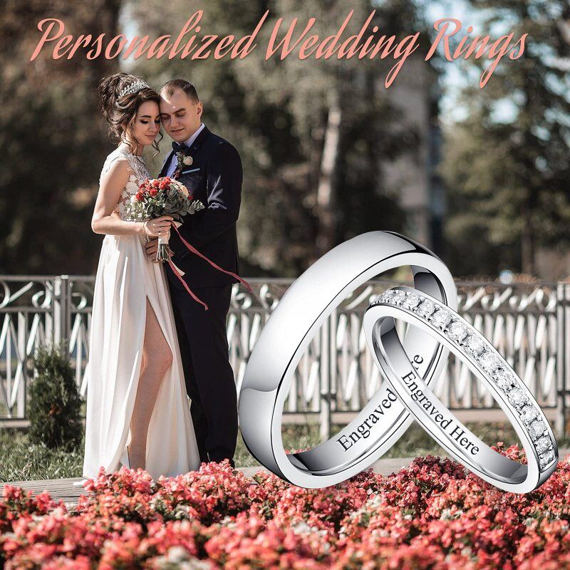 Sterling Silver Round Cut Moissanite Personalized Engraving & Couple Engagement Ring-6