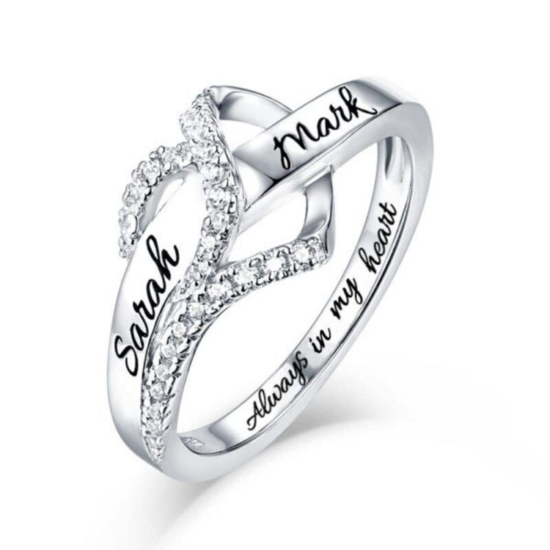 Sterling Silver Round Shaped Cubic Zirconia Personalized Engraving & Heart Ring with Engraved Word-10