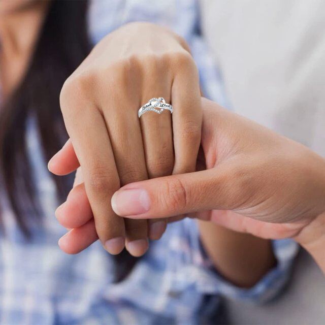 Sterling Silver Circular Shaped Cubic Zirconia Personalized Engraving & Heart Ring with Engraved Word-2