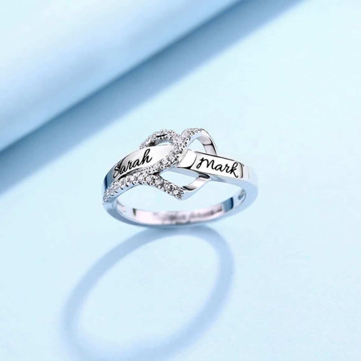 Sterling Silver Circular Shaped Cubic Zirconia Personalized Engraving & Heart Ring with Engraved Word-3