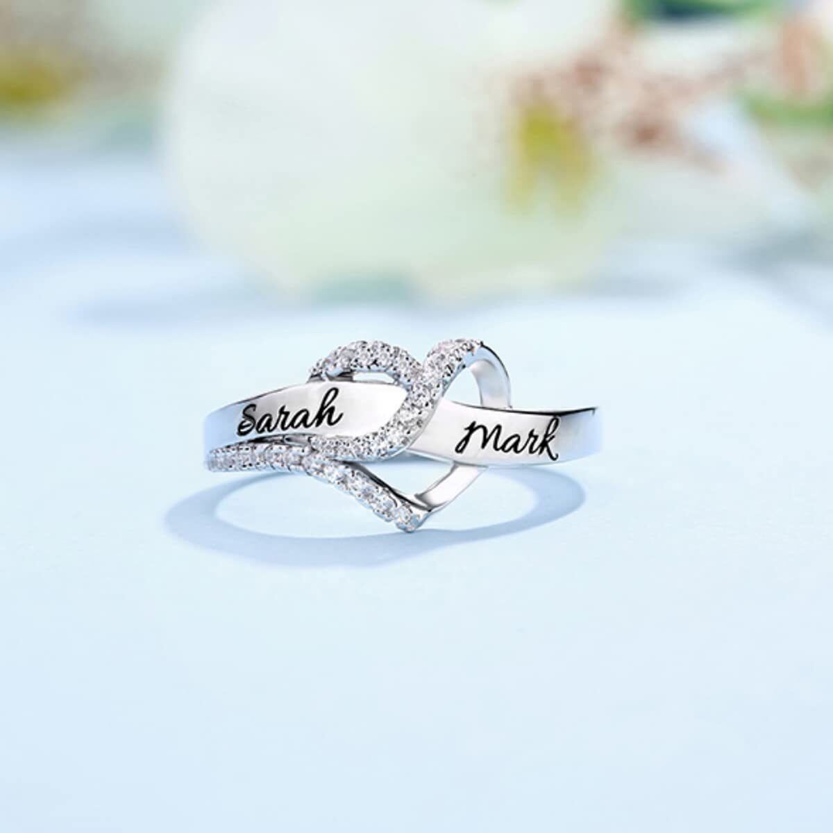 Sterling Silver Circular Shaped Cubic Zirconia Personalized Engraving & Heart Ring with Engraved Word-4