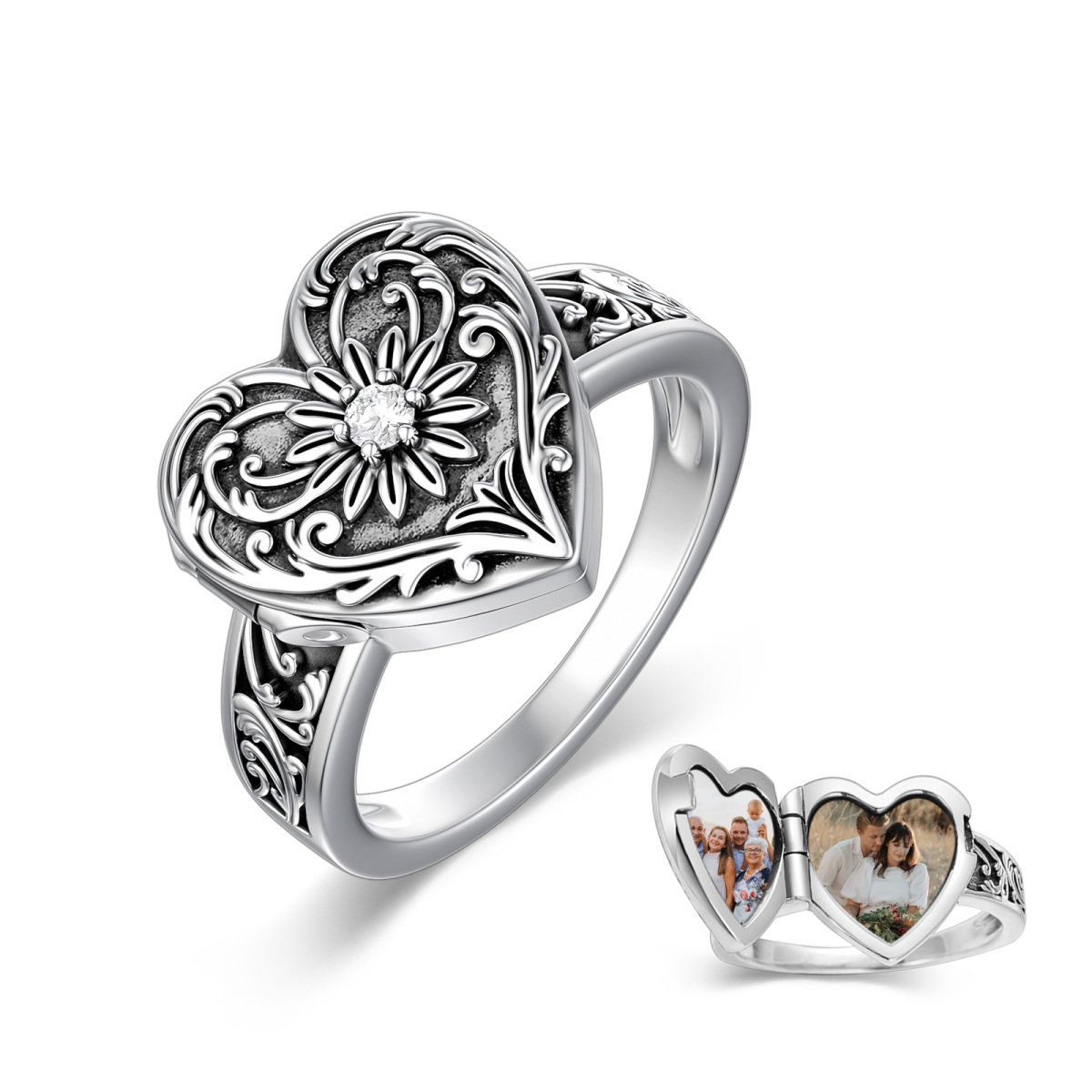 Anillo de sello con forma de corazón de girasol y circonita cúbica en forma circular en plata de ley-1