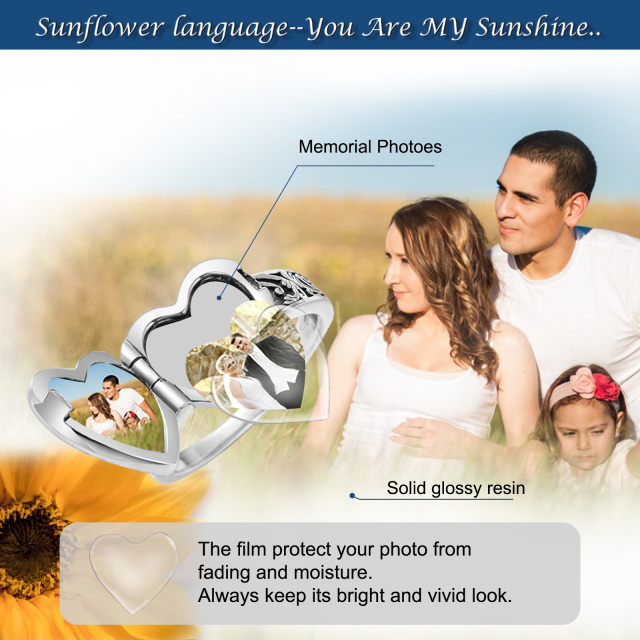 Sterling Silver Circular Shaped Cubic Zirconia Sunflower & Personalized Photo & Heart Signet Ring-5