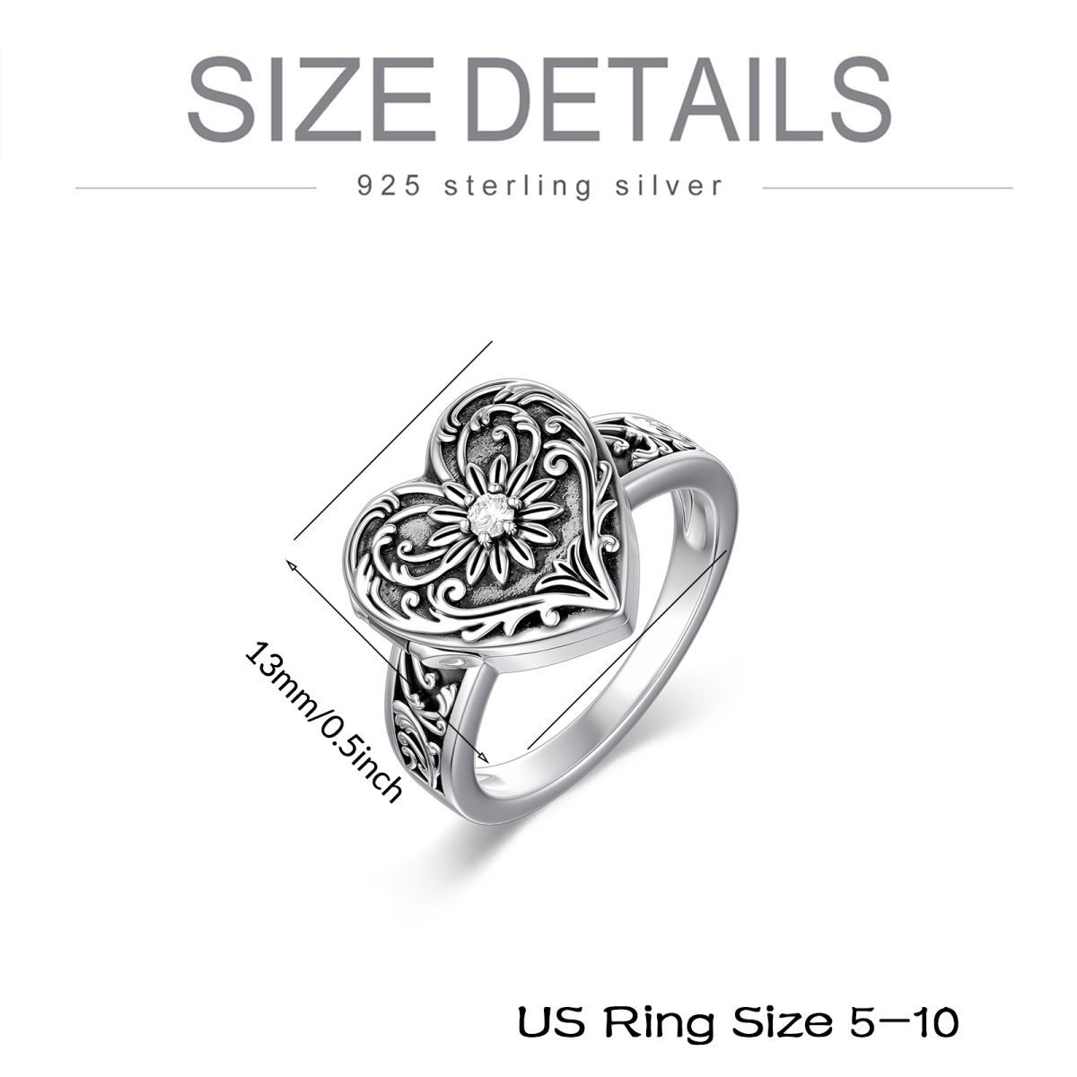 Anillo de sello con foto en forma de corazón personalizado con forma circular de girasol y circonita cúbica en plata de ley-7