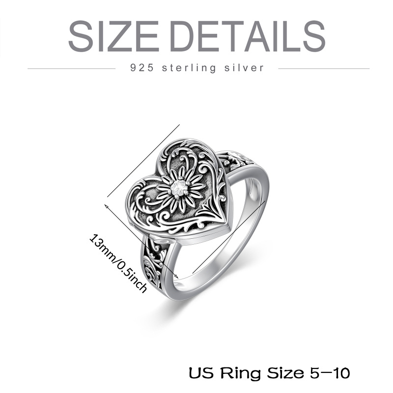Sterling Silver Round Shaped Cubic Zirconia Sunflower & Heart Signet Ring-7