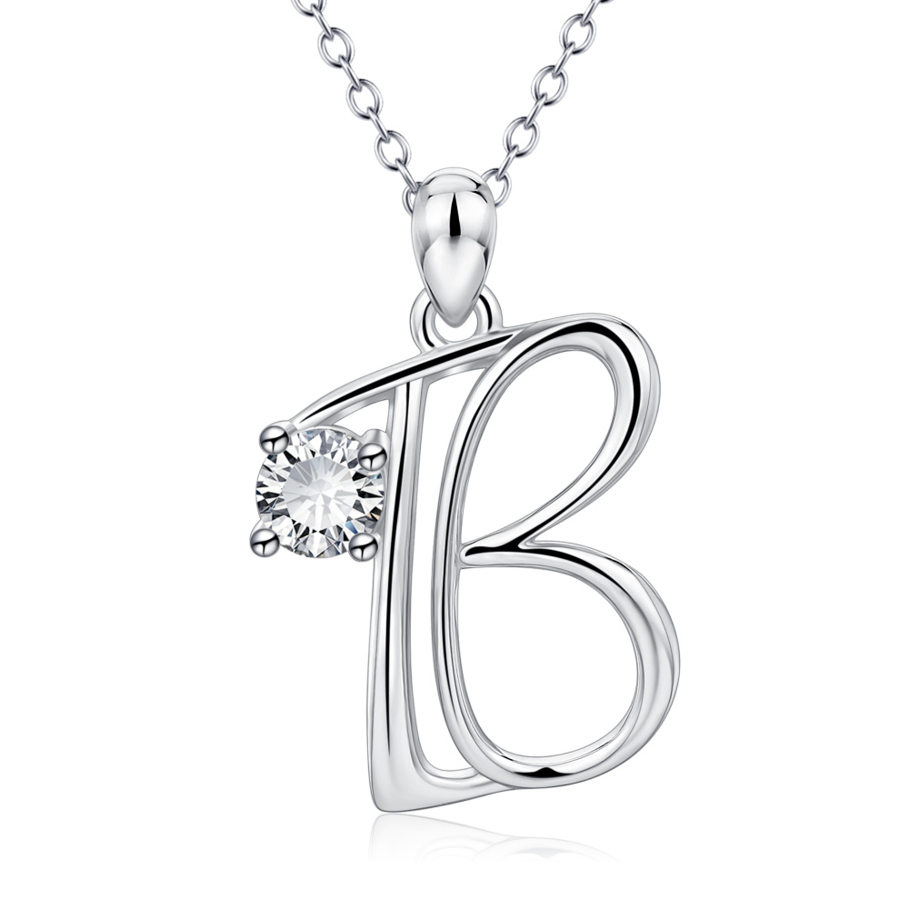 Colar com pendente inicial personalizado em prata de lei com zircónias cúbicas e letra B para mulher-1