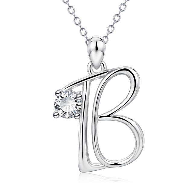 Sterling Silver Circular Shaped Cubic Zirconia Personalized Initial Letter Pendant Necklace with Initial Letter B-1