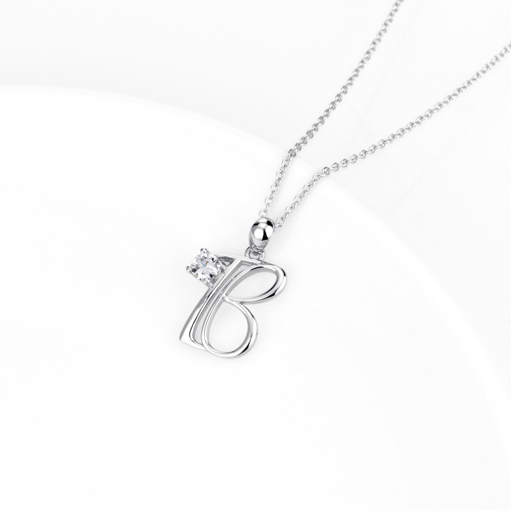 Colar com pendente inicial personalizado em prata de lei com zircónias cúbicas e letra B para mulher-3