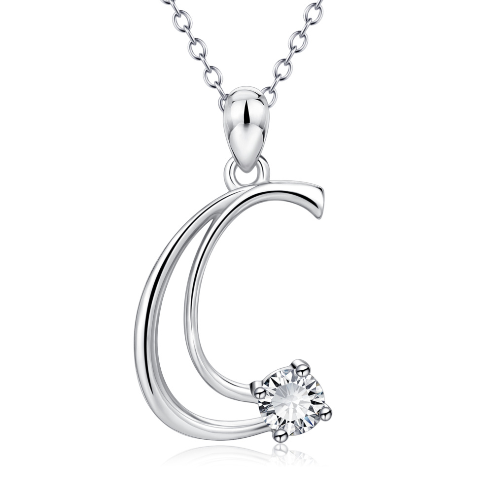 Sterling Silver Cz Personalized Initial Letter C Pendant Necklace For Women-1