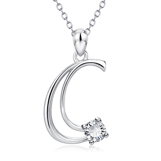 Sterling Silver Circular Shaped Cubic Zirconia Personalized Initial Letter Pendant Necklace with Initial Letter C-1