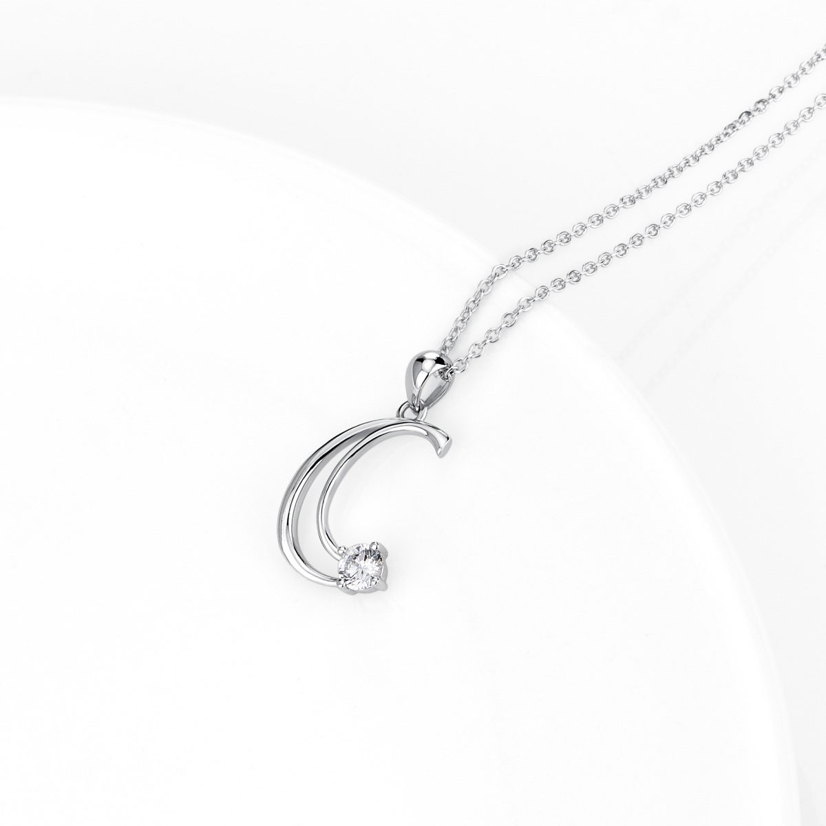 Sterling Silver Circular Shaped Cubic Zirconia Personalized Initial Letter Pendant Necklace with Initial Letter C-3