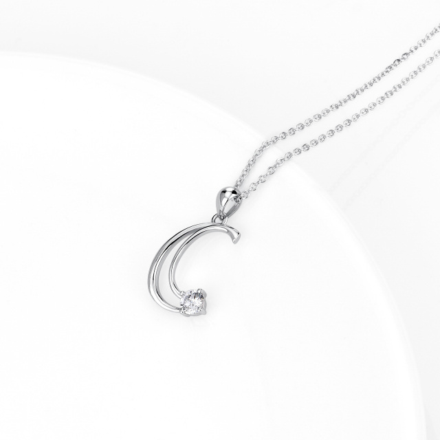 Sterling Silver Circular Shaped Cubic Zirconia Personalized Initial Letter Pendant Necklace with Initial Letter C-3