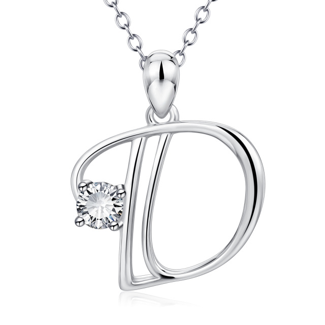 Sterling Silver Circular Shaped Cubic Zirconia Personalized Initial Letter Pendant Necklace with Initial Letter D-1