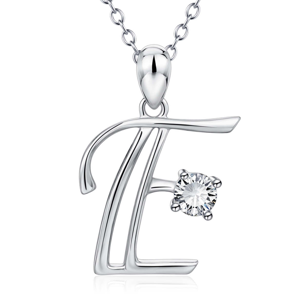 Sterling Silver Circular Shaped Cubic Zirconia Personalized Initial Letter Pendant Necklace with Initial Letter E-1