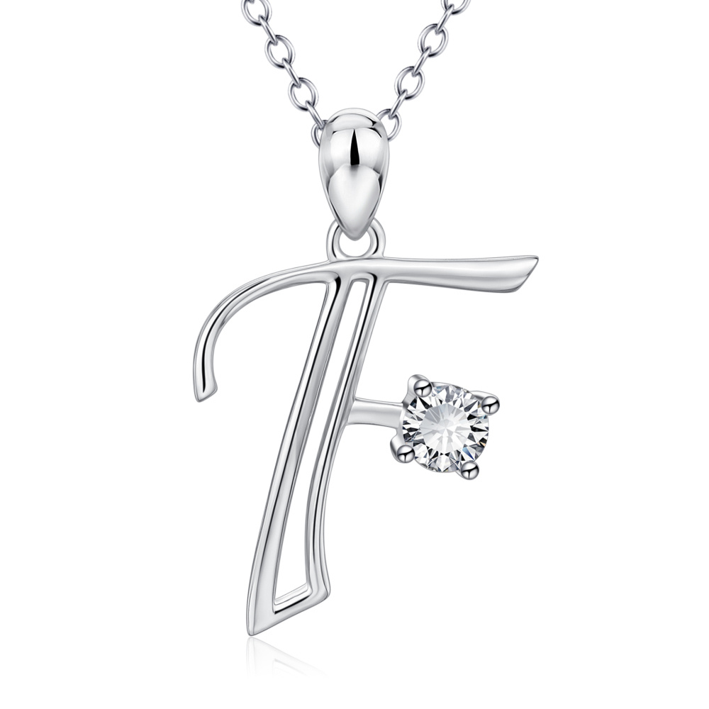 Collar con colgante de letra inicial F personalizado en plata de ley con circonita cúbica para mujer-1