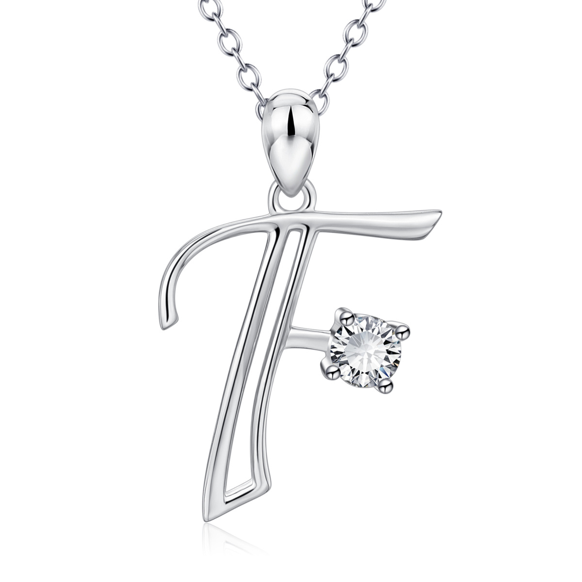 Sterling Silver Circular Shaped Cubic Zirconia Personalized Initial Letter Pendant Necklace with Initial Letter F-1