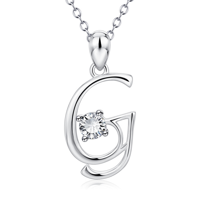 Sterling Silver Circular Shaped Cubic Zirconia Personalized Initial Letter Pendant Necklace with Initial Letter G-1