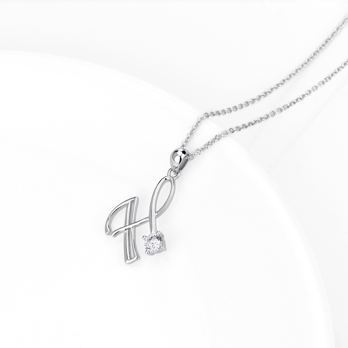 Sterling Silver Circular Shaped Cubic Zirconia Personalized Initial Letter Pendant Necklace with Initial Letter H-3