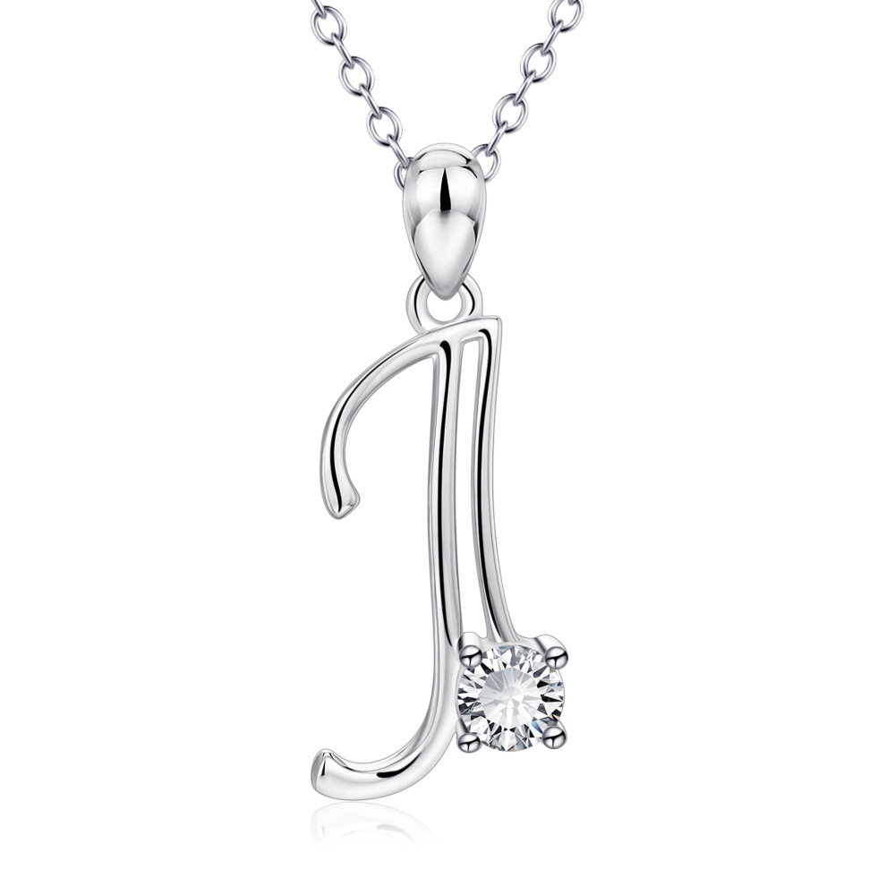 Colar com pendente inicial personalizado em prata de lei com zircónias cúbicas e letra J para mulher-1