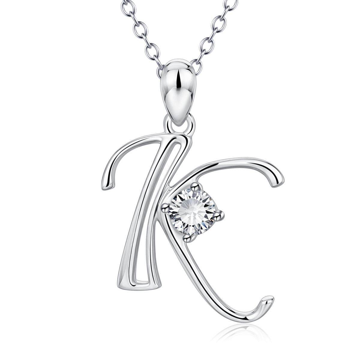 Sterling Silver Circular Shaped Cubic Zirconia Personalized Initial Letter Pendant Necklace with Initial Letter K-1