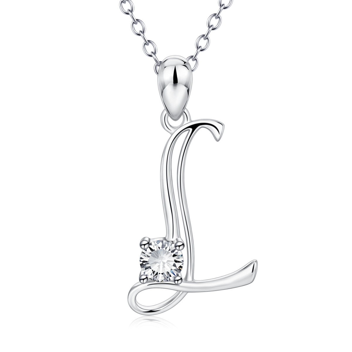 Sterling Silver Circular Shaped Cubic Zirconia Personalized Initial Letter Pendant Necklace with Initial Letter L-1