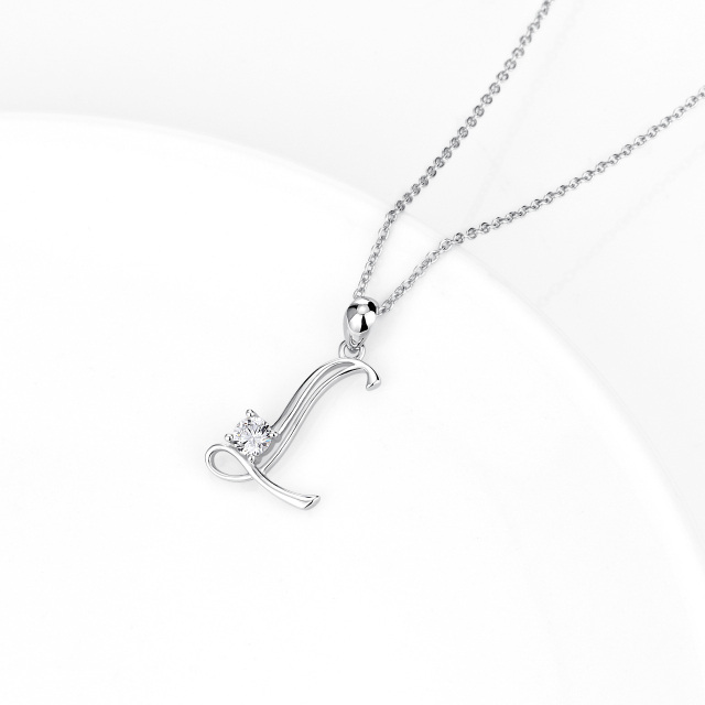 Sterling Silver Circular Shaped Cubic Zirconia Personalized Initial Letter Pendant Necklace with Initial Letter L-3