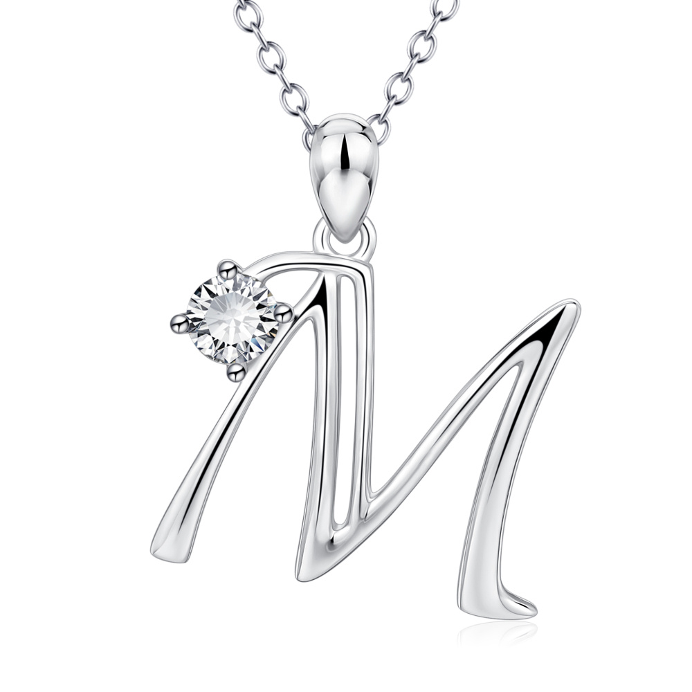 Collar con colgante de letra inicial M personalizado en plata de ley con circonita cúbica para mujer-1