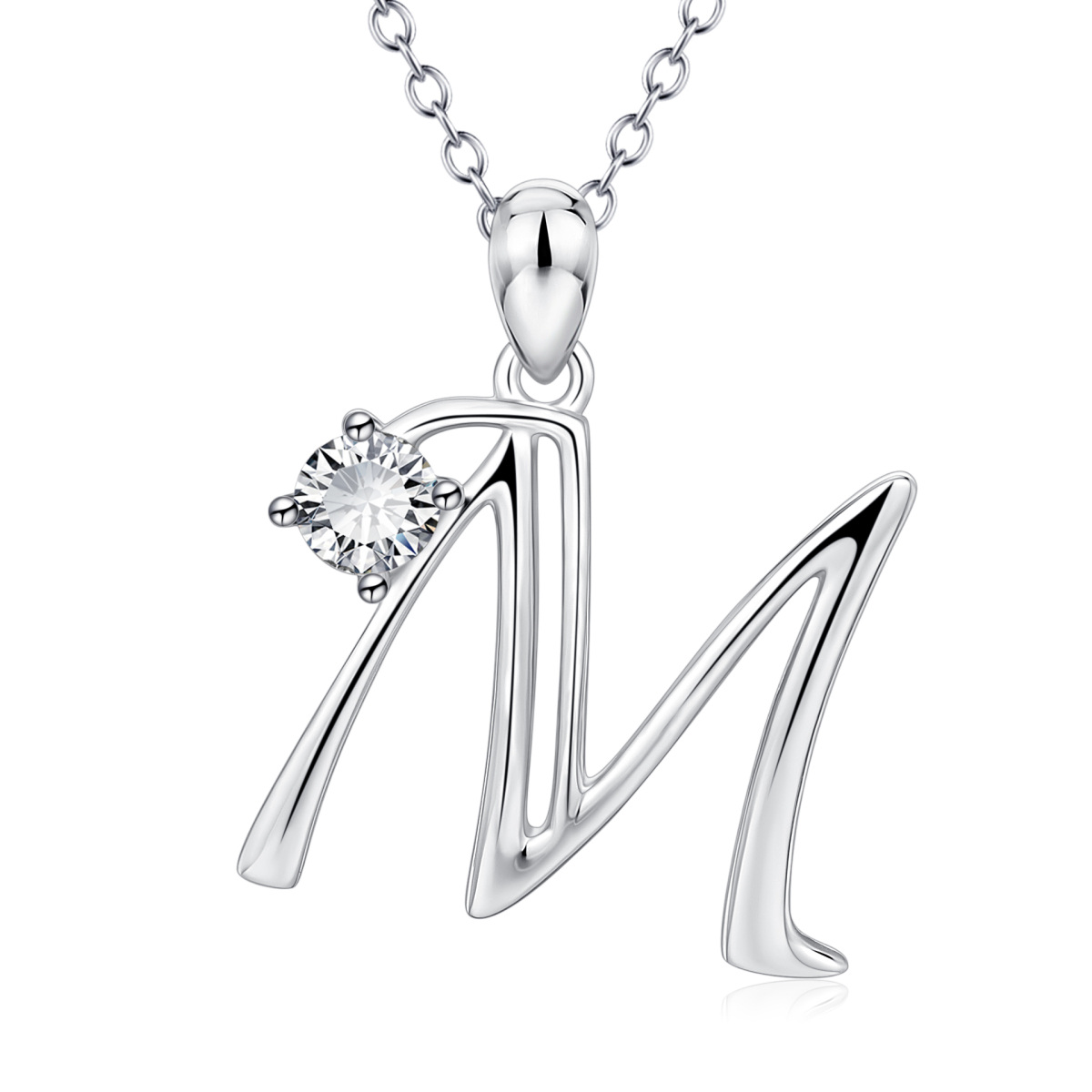 Sterling Silver Circular Shaped Cubic Zirconia Personalized Initial Letter Pendant Necklace with Initial Letter M-1