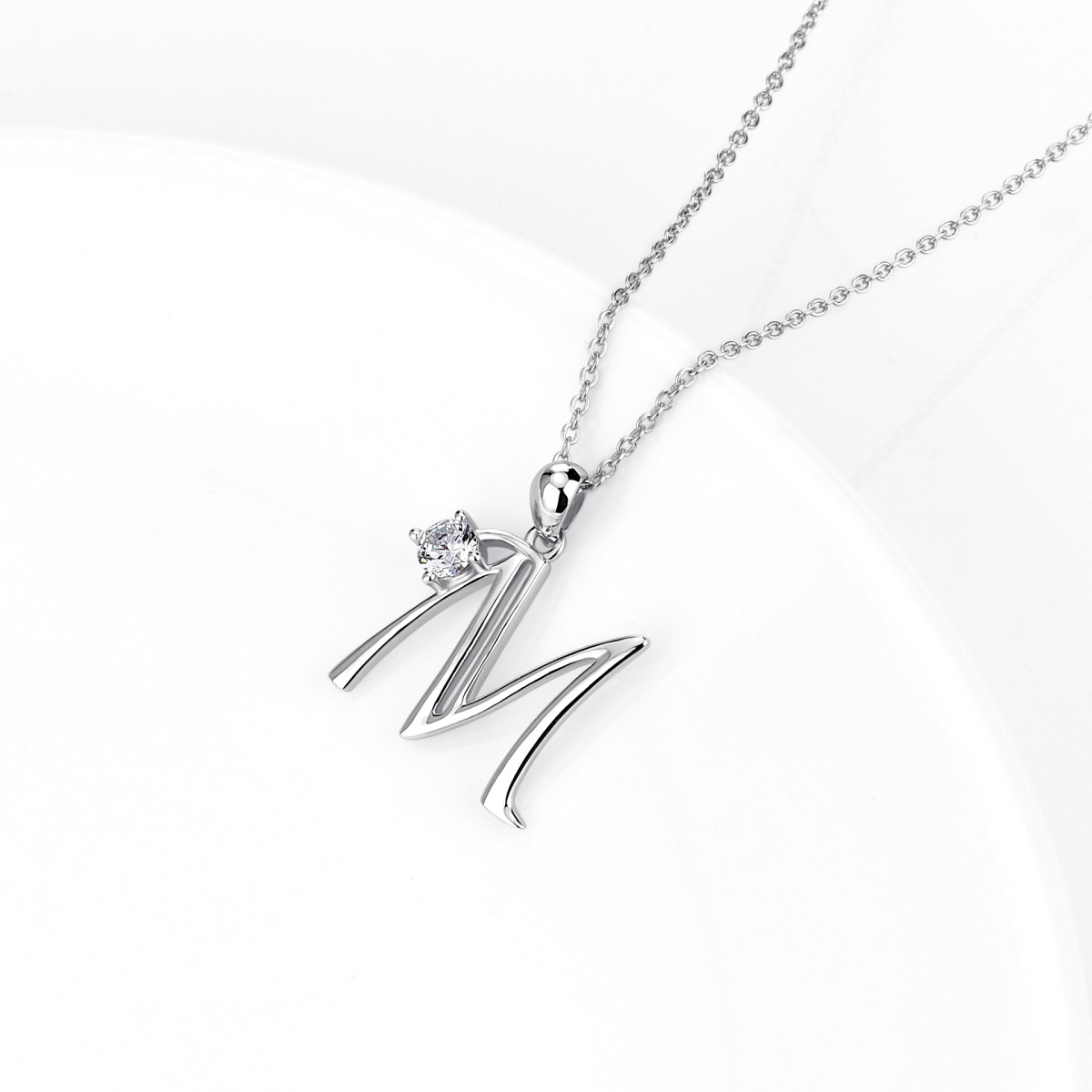 Sterling Silver Circular Shaped Cubic Zirconia Personalized Initial Letter Pendant Necklace with Initial Letter M-3