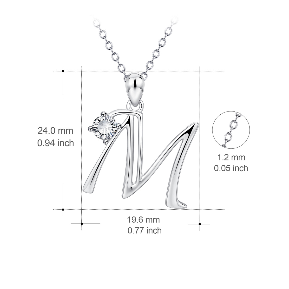 Sterling Silver Circular Shaped Cubic Zirconia Personalized Initial Letter Pendant Necklace with Initial Letter M-4