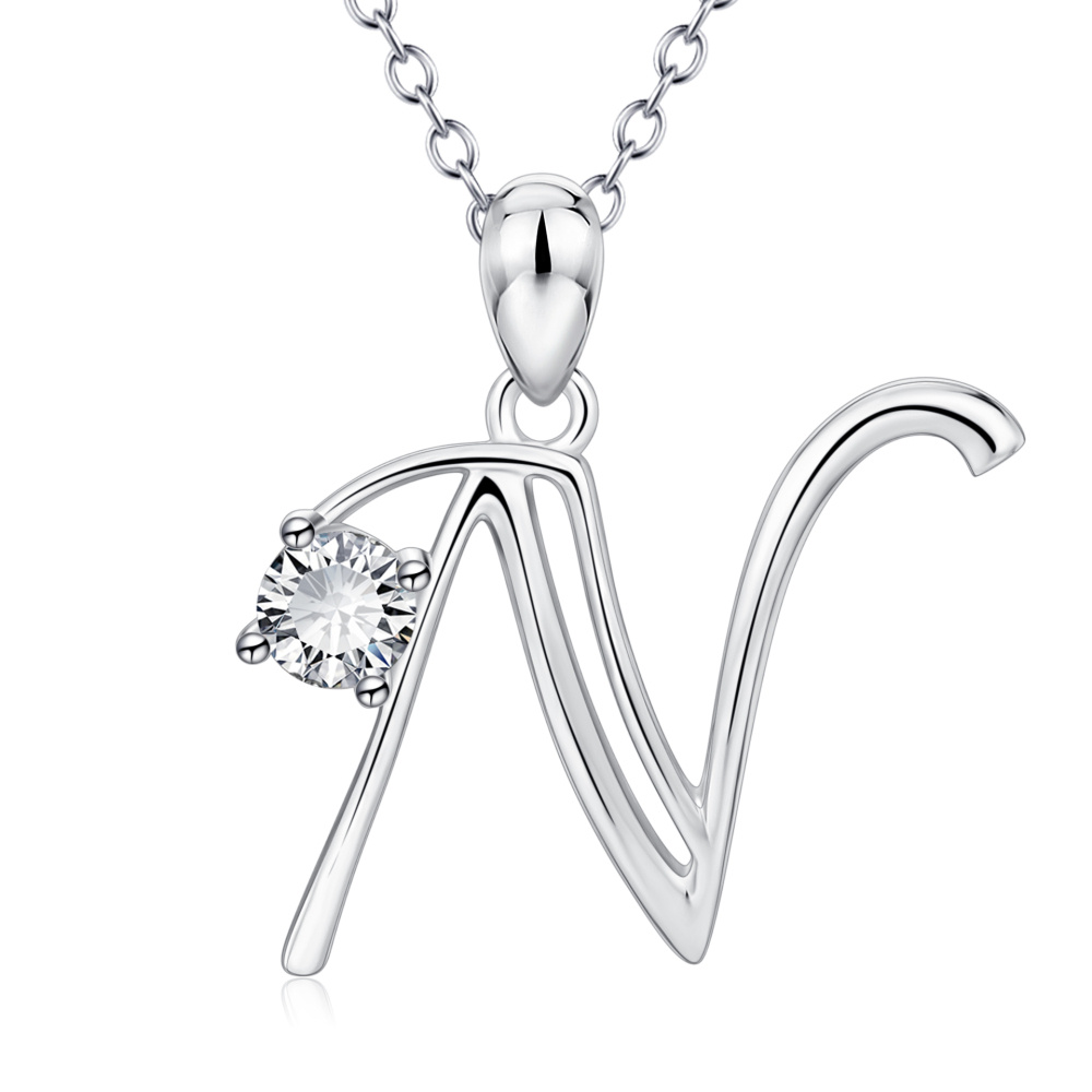 Sterling Silver Cz Personalized Initial Letter N Pendant Necklace For Women-1