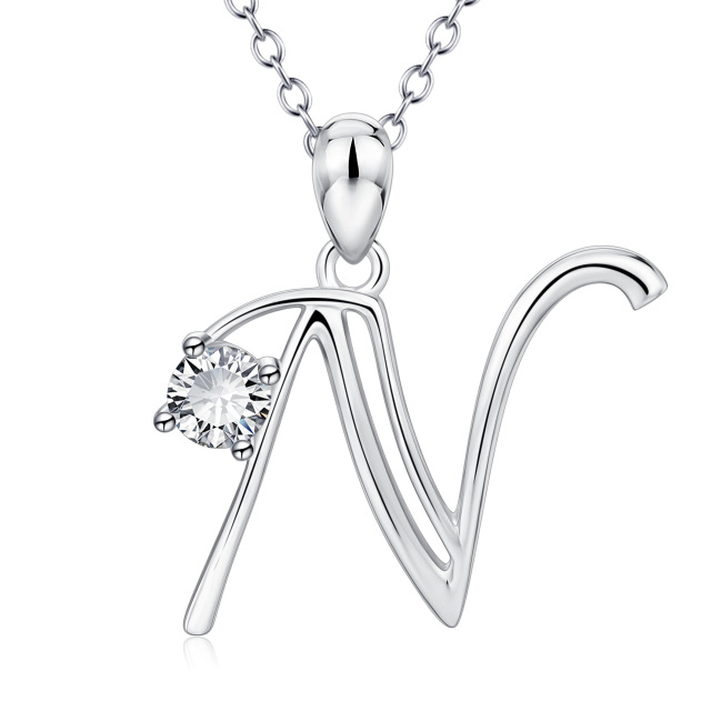 Sterling Silver Circular Shaped Cubic Zirconia Personalized Initial Letter Pendant Necklace with Initial Letter N-1