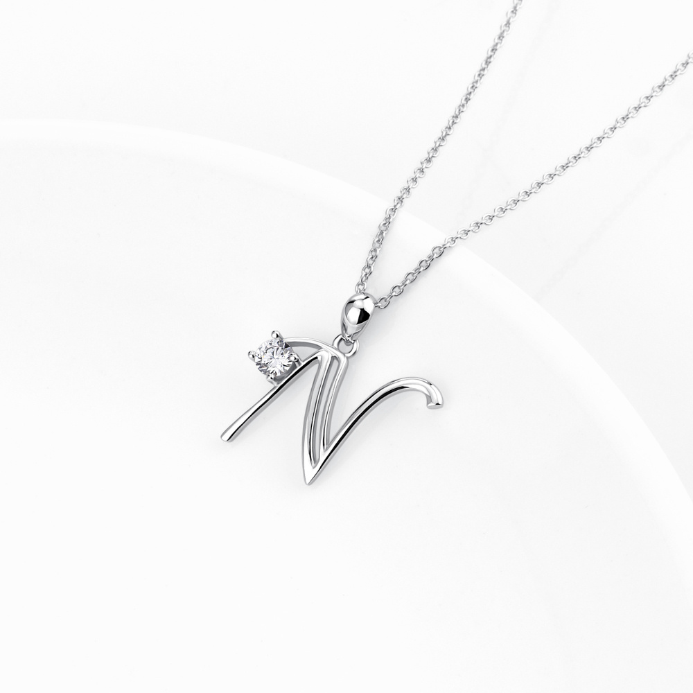 Sterling Silver Cz Personalized Initial Letter N Pendant Necklace For Women-3