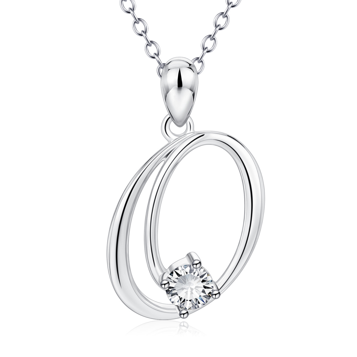 Sterling Silver Circular Shaped Cubic Zirconia Personalized Initial Letter Pendant Necklace with Initial Letter O-1