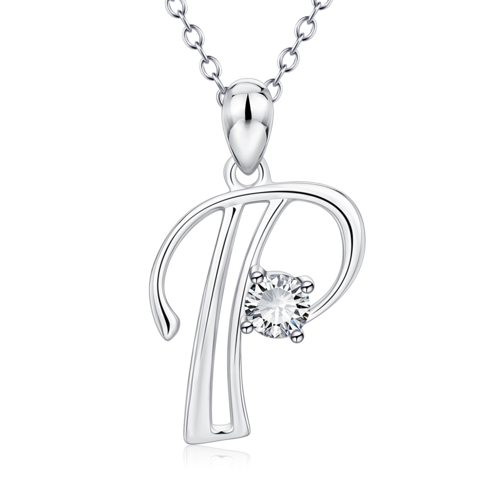 Colar com pendente inicial personalizado em prata de lei com zircónias cúbicas e letra P para mulher-1