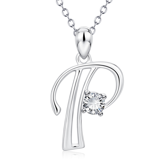 Sterling Silver Circular Shaped Cubic Zirconia Personalized Initial Letter Pendant Necklace with Initial Letter P-1